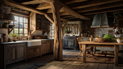 Fototapeta na wymiar A rustic barn kitchen with reclaimed wood beams, a farmhouse sink, and pendant lights