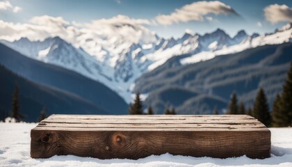 Empty Blank Rustic Old Wooden Podium Platform Stand with Snow Capped Mountains View Snowy Nature Background National Park Landscape Backdrop Outdoors Mockup Product Display Showcase Montage Natural - obrazy, fototapety, plakaty