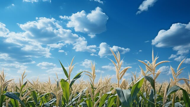 Stunning image of a cornfield with a blue sky.