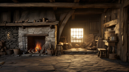 Fototapeta na wymiar A rustic cabin interior with exposed wooden beams and a stone fireplace