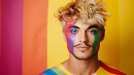 portrait of young handsome stylish smiling happy boy with LGBT flag painted on his cheek, holding LGBT ai generated