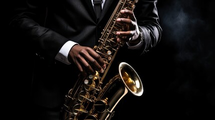 Man Wearing Suit Playing Saxophone in Black Isolated Background