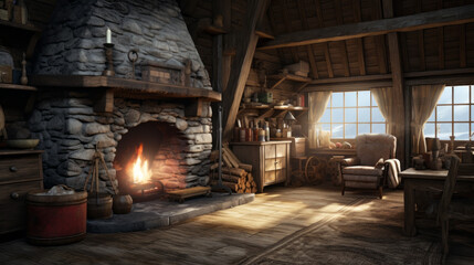 Fototapeta na wymiar A rustic cabin interior with exposed wooden beams and a stone fireplace