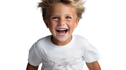 Portrait of smiling boy with stained t-shirt, isolated on a white or transparent background