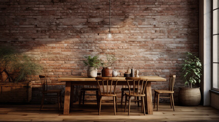 Fototapeta na wymiar A rustic dining room with an exposed brick wall, a wooden table, and metal chairs