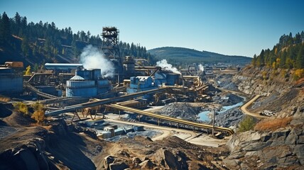 Manufacturing plant for cement on a mining quarry. Stones and gravel are loaded onto a conveyor belt by large equipment.. - obrazy, fototapety, plakaty