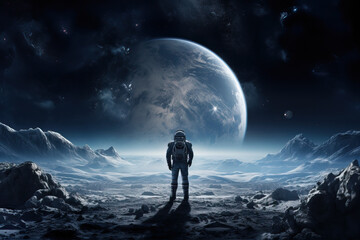 An astronaut stands lonely on their own looking out over a barren landscape at a large planet in the sky, blue hue - Powered by Adobe