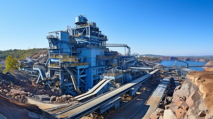 Manufacturing plant for cement on a mining quarry. Stones and gravel are loaded onto a conveyor belt by large equipment.. - obrazy, fototapety, plakaty