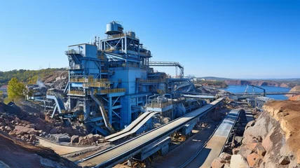 Foto op Canvas Manufacturing plant for cement on a mining quarry. Stones and gravel are loaded onto a conveyor belt by large equipment.. © tongpatong