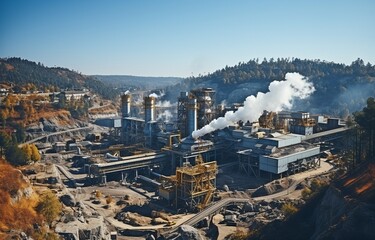 Obraz premium Manufacturing plant for cement on a mining quarry. Stones and gravel are loaded onto a conveyor belt by large equipment..