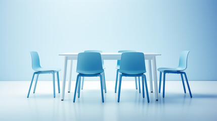 A set of blue chairs and a white table with four legs