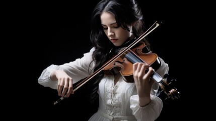 Female Woman Wearing White Dress Playing Violin in Black Isolated Background