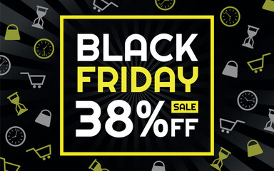 Black Friday Sale 38% off Creative Advertising Banner, Black, White and Yellow, Radial Background, Shop and Limited Time Icons