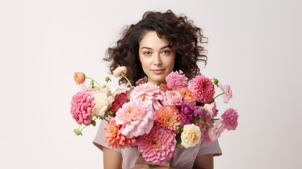 Beautiful Woman Holding a Bunch Flower Isolated Background