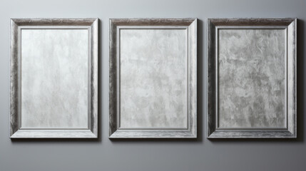 A set of three silver picture frames hanging on the wall