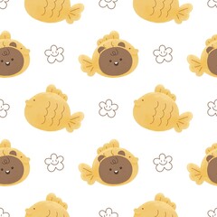 cute Watercolor illustration. Japanese fish-shaped pancakes Dessert with  Taiyaki cat doodle seamless pattern print on t-shirt, dark background, 
