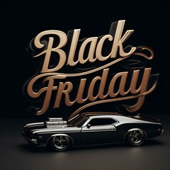 Black vintage car on a dark background with the words black Friday, illustration, mockup, generative ai