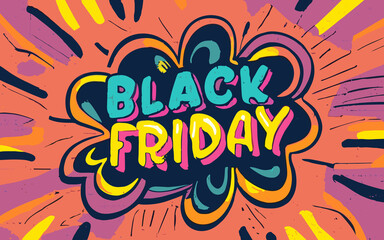 Black Friday sale banner. Hand-drawn lettering on colorful background, concept illustration art, generative ai