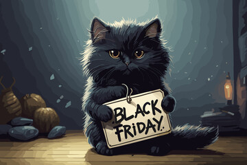 Cute black fluffy cat holding a Black Friday sign, Vector illustration, concept art, mockup, generative ai