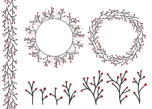 Winter berry branch set, circle wreath and seamless boarder for card or invitations, scrapbook in delicate pastel color. Vector background frame, isolated hand drawn doodle simple frame