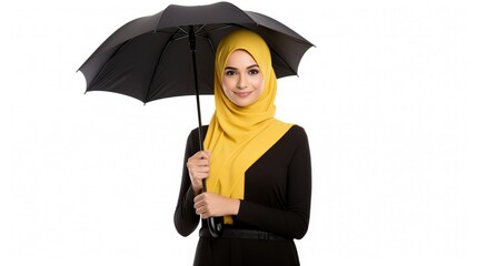 Hijab Muslim Female Holding Umbrella in Isolated Background