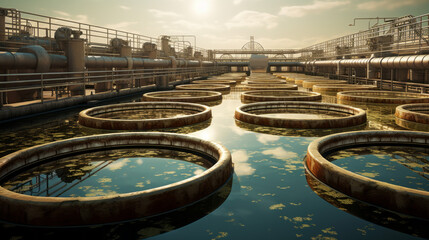 A sewage treatment plant's aeration tanks, aiding in the breakdown of pollutants - obrazy, fototapety, plakaty