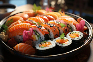 Top view of assorted sushi. Overhead japanese cuisine sushi food. Set maki rolls with salmon, shrimp, crab and avocado tuna. AI Generative