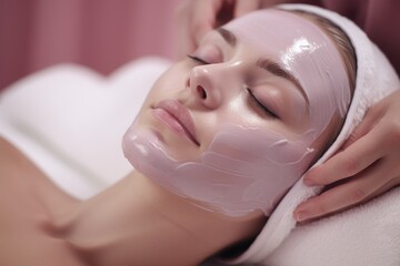 Beautiful woman having clay facial mask apply by beautician. Cosmetologist smears nutrient mask in...