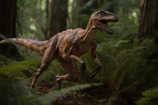 A Dinosaur stealthily runs through an overgrown forest, Velociraptor jurrassic era