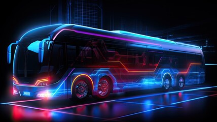 Electric bus in neon colours, futuristic banner on a dark background
