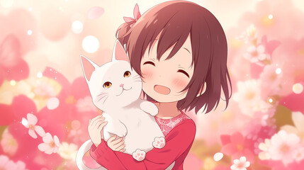 beautiful girl action pose hugging cat,bright flower background generative ai