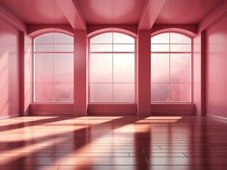 Pink empty room with a window and a beam of sunlight generative ai