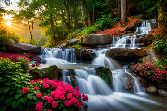 beautiful waterfall in forest waterfall with rose and flowers waterfall background waterfall scenery waterfall in spring © UZAIR