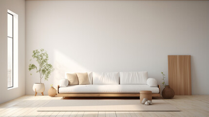 A simple white room with a grey sofa and a wooden coffee table in the middle - obrazy, fototapety, plakaty