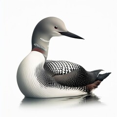 A Red-throated Loon, with its smooth grey plumage and elaborate black and white striping, sits gracefully on the water, mirroring its form in the still water below, in a tranquil setting.