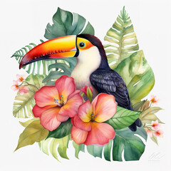 toucan with hibiscus and leaves Generative AI