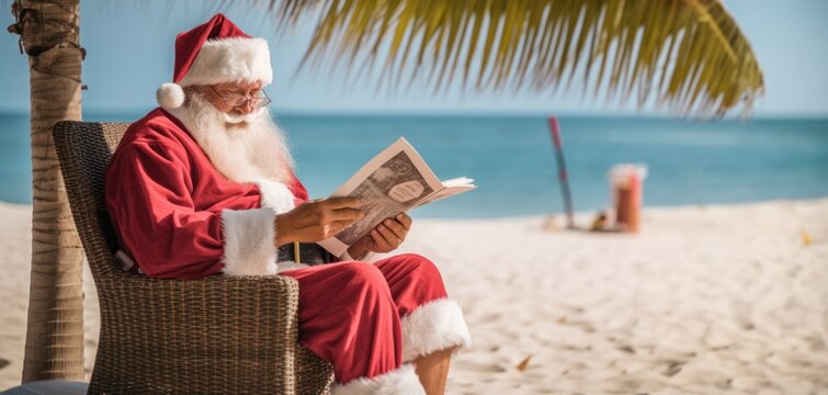 Santa Claus sitting in a cozy beach chair, reading the book by the sea on tropical island with copy space 