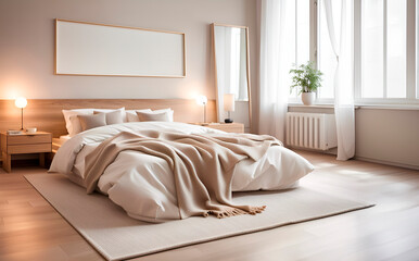Fashionable bedroom interior in beige colors in Scandinavian style. Frame on the wall for the inscription