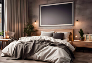 Fashionable bedroom interior in beige and gray colors in Scandinavian style. Frame on the wall for the inscription