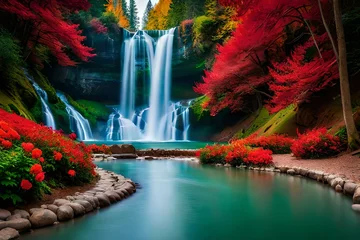 Fotobehang beautiful waterfall in forest  waterfall with rose and flowers waterfall background waterfall scenery waterfall in spring  © UZAIR