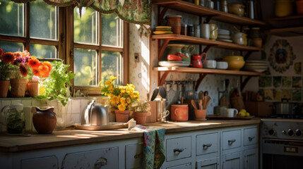 A small but charming cottage kitchen with open shelving and floral curtains