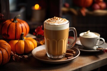 Spicy pumpkin latte with whipped cream. Cup of coffee and pumpkins on bright orange background. Autumn or winter hot coffee drink with cinnamon