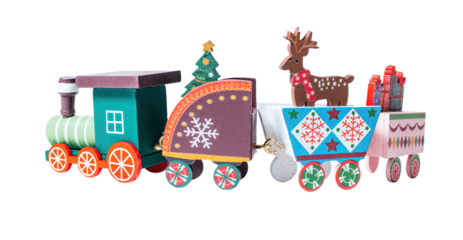 Decorated Christmas train isolated on white or transparent background.