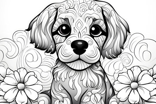Zentangle stylized сute dog drawing. For adult and for children antistress coloring page, print, emblem.Coloring book for children and adults. Anti stress coloring book