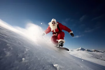 Fotobehang Santa Claus is snowboarding down the Mountain. © Stock Rocket