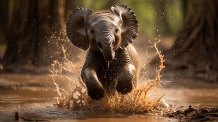  an elephant is running through the water in the wild with its trunk in the air.  generative ai