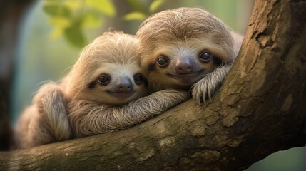 Naklejka premium a couple of sloths are sitting on a tree branch. generative ai