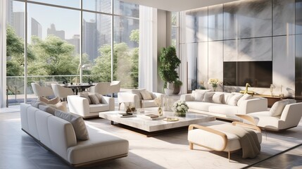  a living room with a lot of furniture and a big window.  generative ai