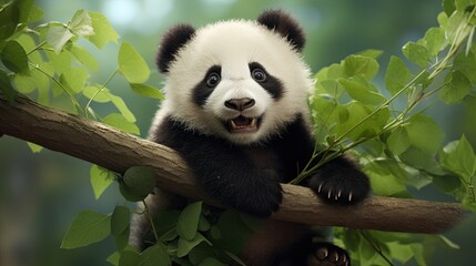  a panda bear sitting on a tree branch with its mouth open.  generative ai