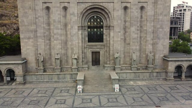 Aerial drone view of the iconic Matenadaran Library in Yerevan, Armenia, highlighting its grand architecture
